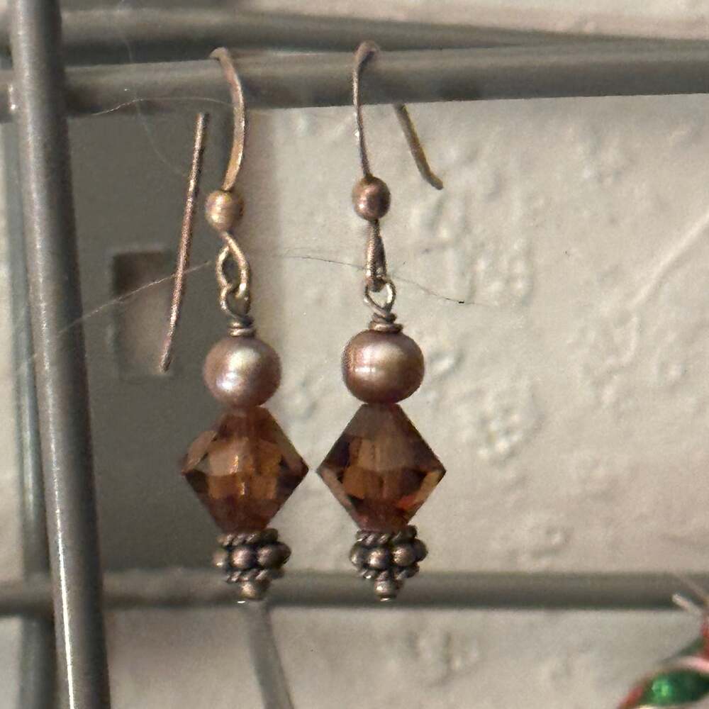 Smoked Topaz Crystal Bronze Pearl Earrings Sterling Silver